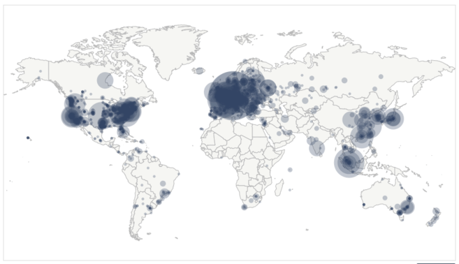 Global distribution of bitcoin full nodes