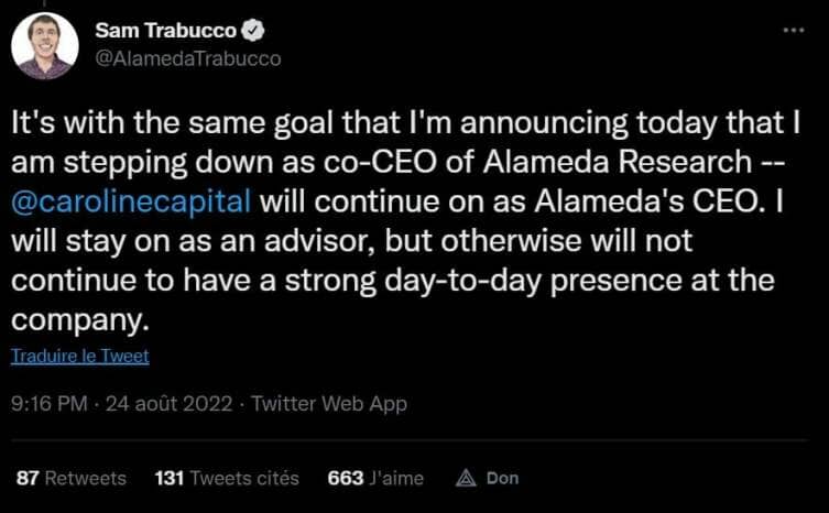 Sam Trabucco prend un peu de recul dans sa vie professionnelle et décide de quitter son poste de CEO chez Alameda. Les raisons de son choix sont assez floues à l'heure actuelle.
