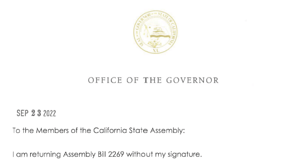 Lettre de refus de validation de la loi, par le Gouverneur de Californie.