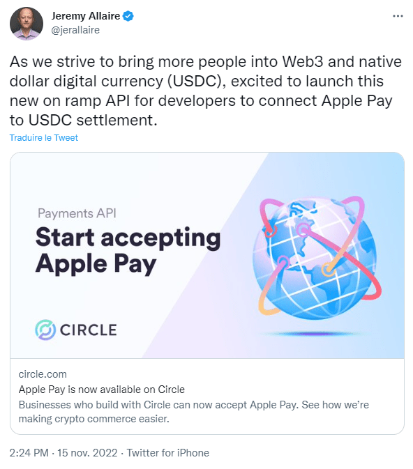 Jeremy Allaire, le CEO de Circle, rapproche les cryptomonnaies de l’Apple Pay.